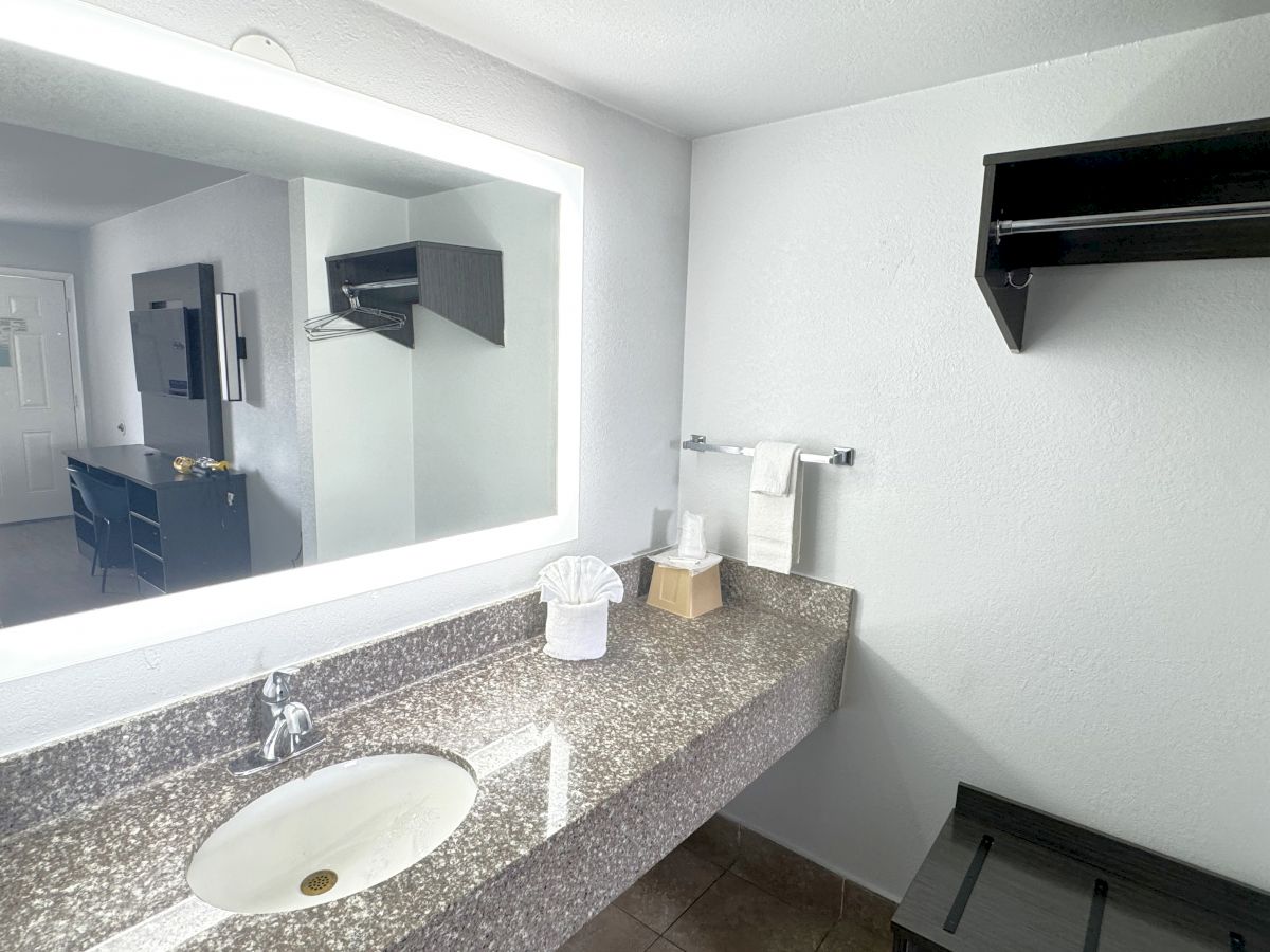 This image shows a bathroom with a large illuminated mirror, a granite countertop with a sink, a tissue holder, and a towel rack on the wall.