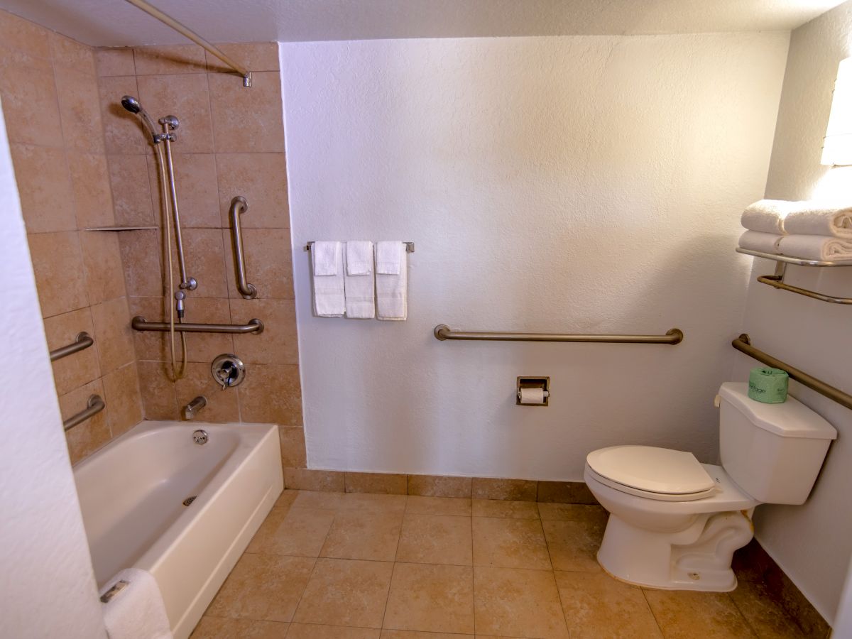 The image shows an accessible bathroom with a bathtub, toilet, towel racks, and grab bars, designed for ease of use for people with disabilities.