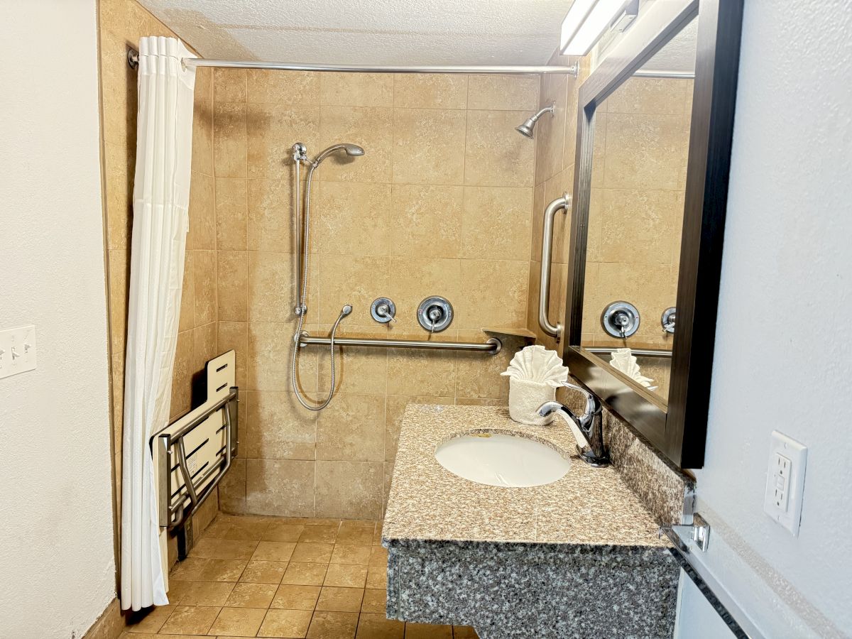 This image shows a bathroom with a walk-in shower, grab bars, a foldable shower seat, a granite countertop sink, and a large mirror.